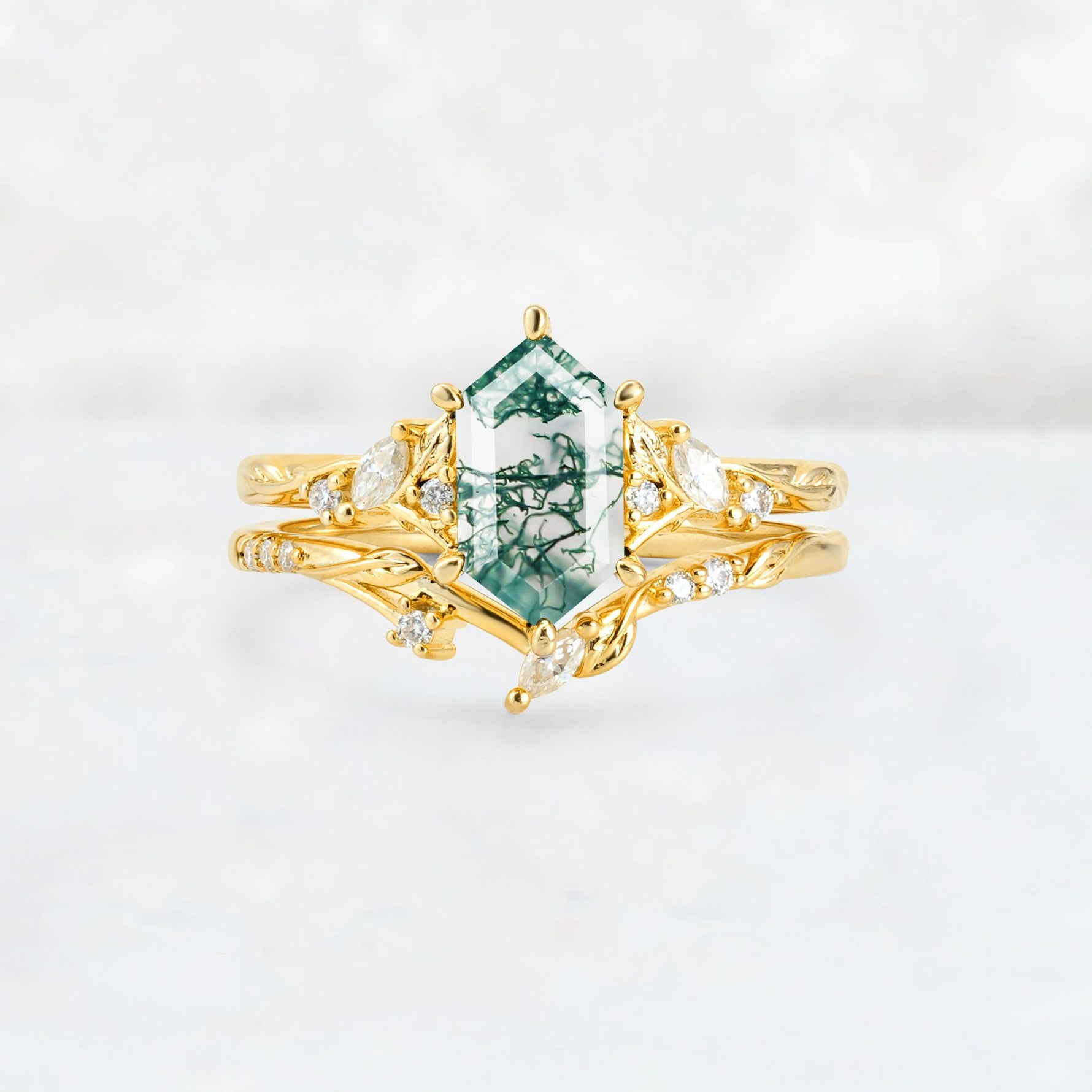 Elongated Hexagon Moss Agate Leaf Vine Bridal Ring Set - Yellow-Gold