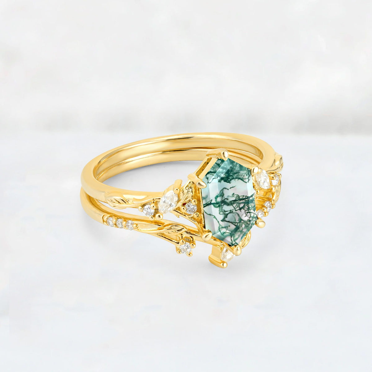 Elongated Hexagon Moss Agate Leaf Vine Bridal Ring Set - Rose-Gold