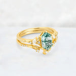 Elongated Hexagon Moss Agate Leaf Vine Bridal Ring Set - Rose-Gold