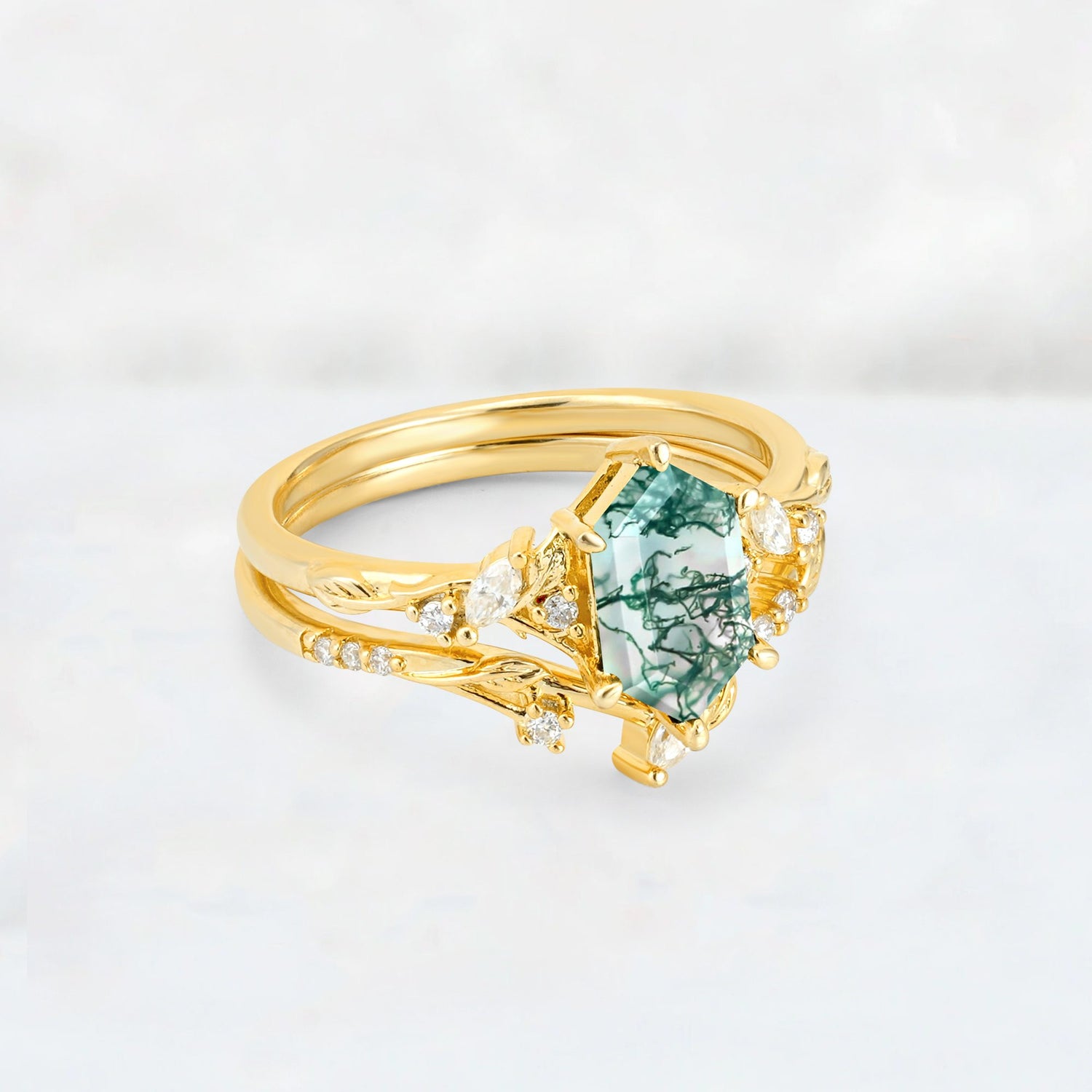 Elongated Hexagon Moss Agate Leaf Vine Bridal Ring Set - Rose-Gold