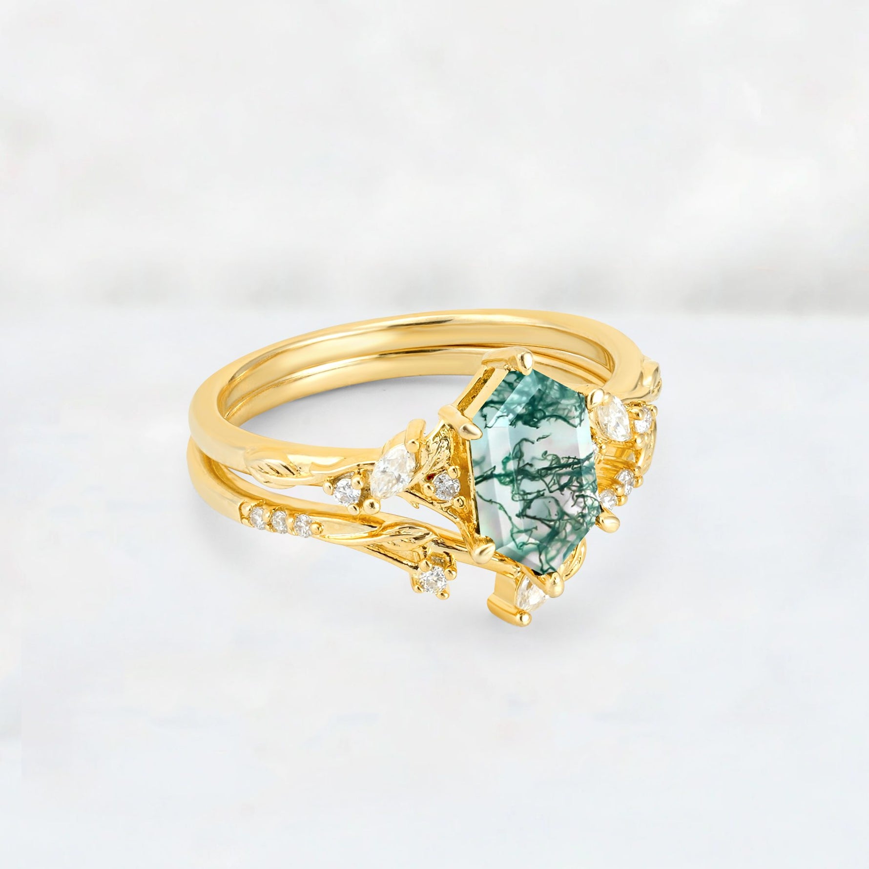 Elongated Hexagon Moss Agate Leaf Vine Bridal Ring Set - Rose-Gold