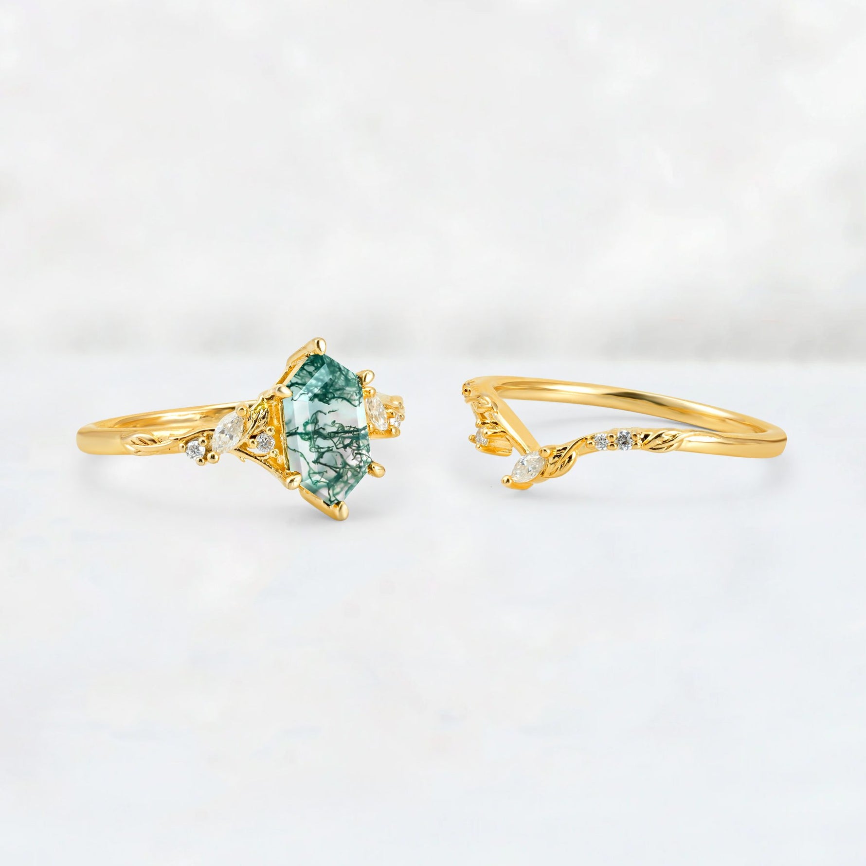 Elongated Hexagon Moss Agate Leaf Vine Bridal Ring Set - White-Gold