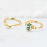 Elongated Hexagon Moss Agate Leaf Vine Bridal Ring Set - Additional view