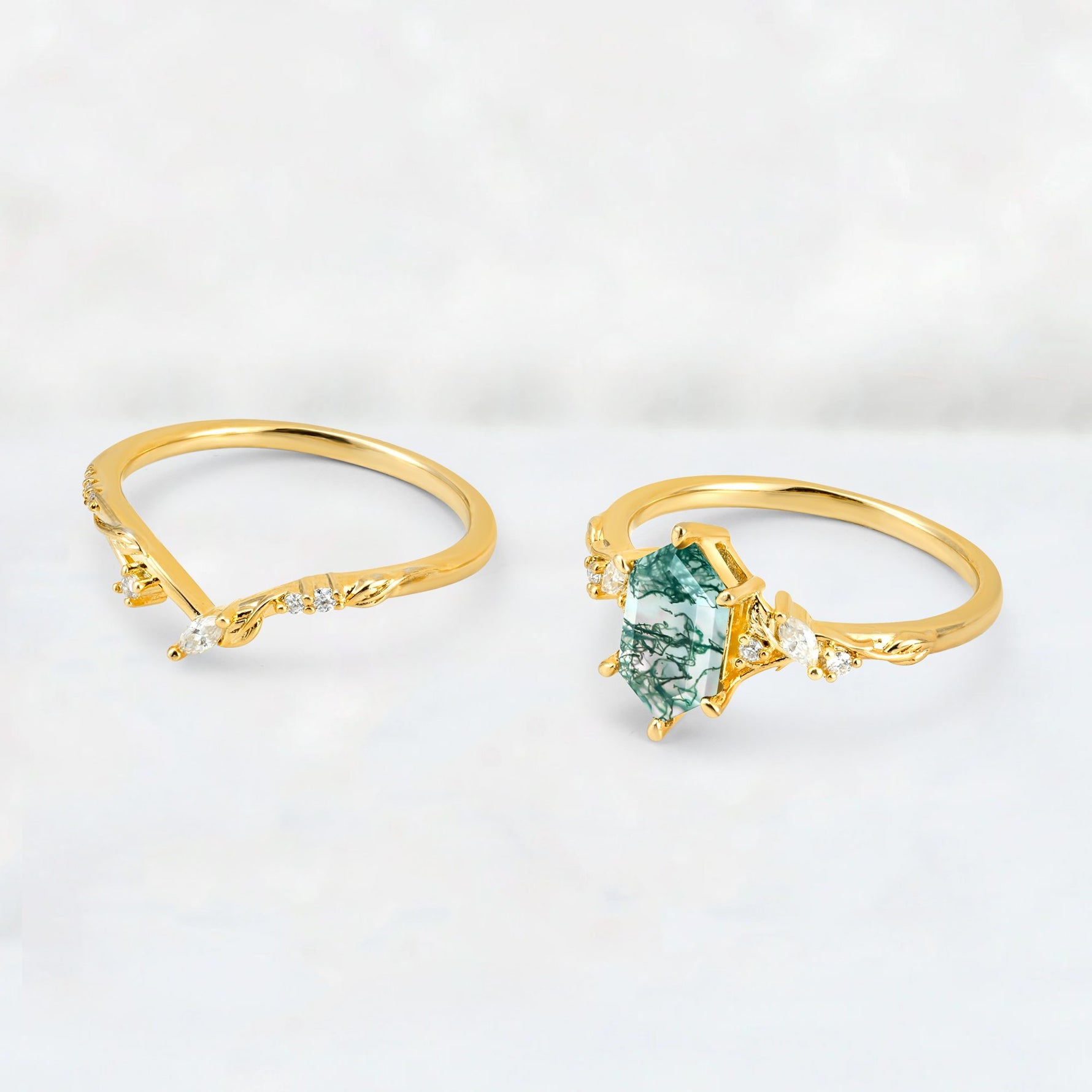 Elongated Hexagon Moss Agate Leaf Vine Bridal Ring Set - Additional view