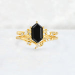 Elongated Hexagon Black Onyx Leaf Vine Bridal Ring Set - Yellow-Gold