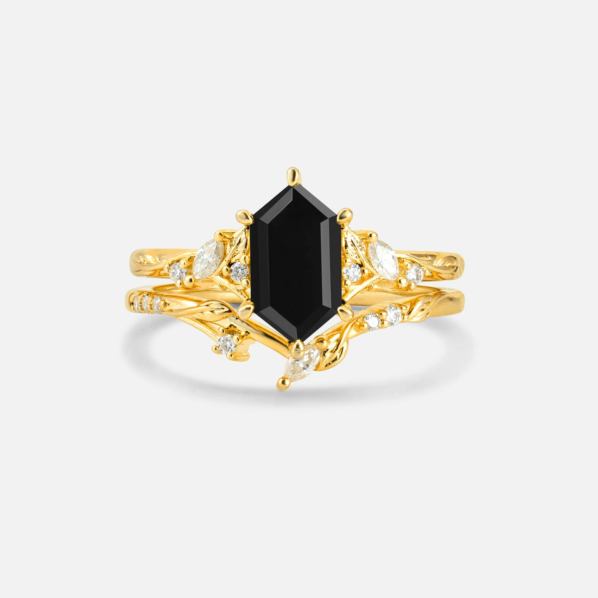 Elongated Hexagon Black Onyx Leaf Vine Bridal Ring Set - Yellow-Gold