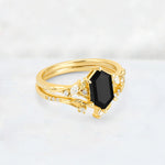 Elongated Hexagon Black Onyx Leaf Vine Bridal Ring Set - Rose-Gold