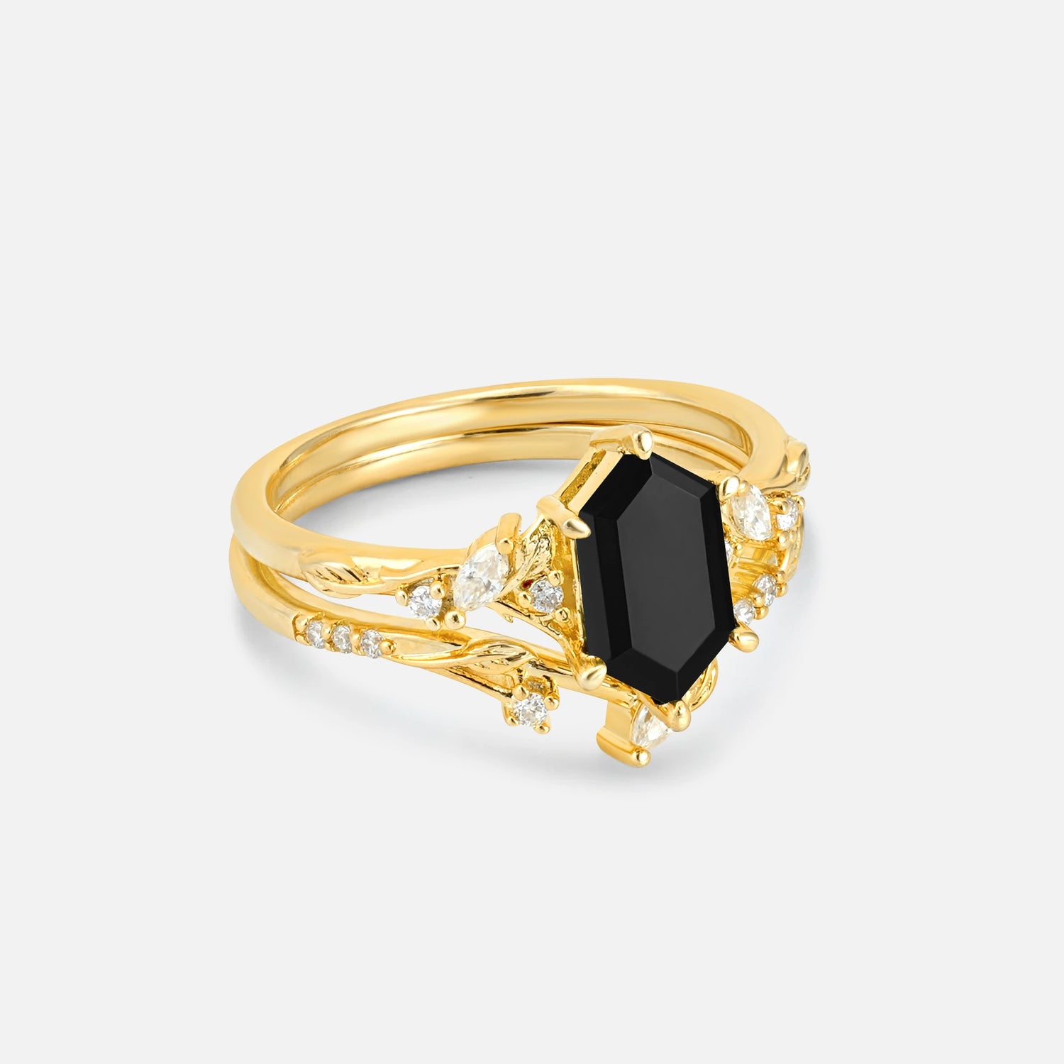 Elongated Hexagon Black Onyx Leaf Vine Bridal Ring Set - Rose-Gold