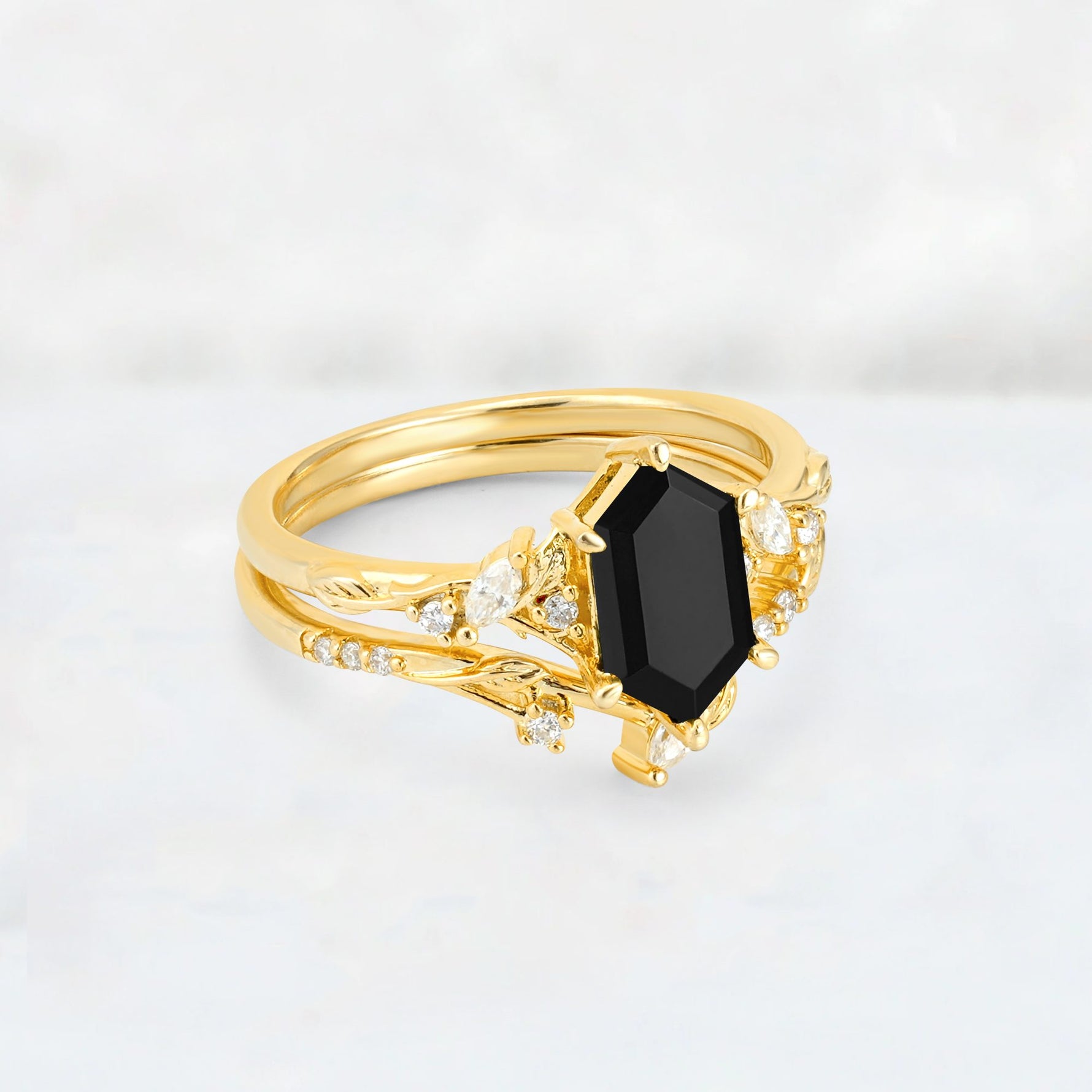 Elongated Hexagon Black Onyx Leaf Vine Bridal Ring Set - Rose-Gold
