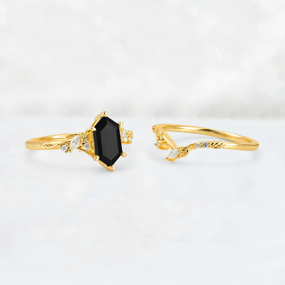 Elongated Hexagon Black Onyx Leaf Vine Bridal Ring Set - White-Gold