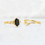 Elongated Hexagon Black Onyx Leaf Vine Bridal Ring Set - White-Gold