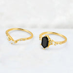 Elongated Hexagon Black Onyx Leaf Vine Bridal Ring Set - Additional view