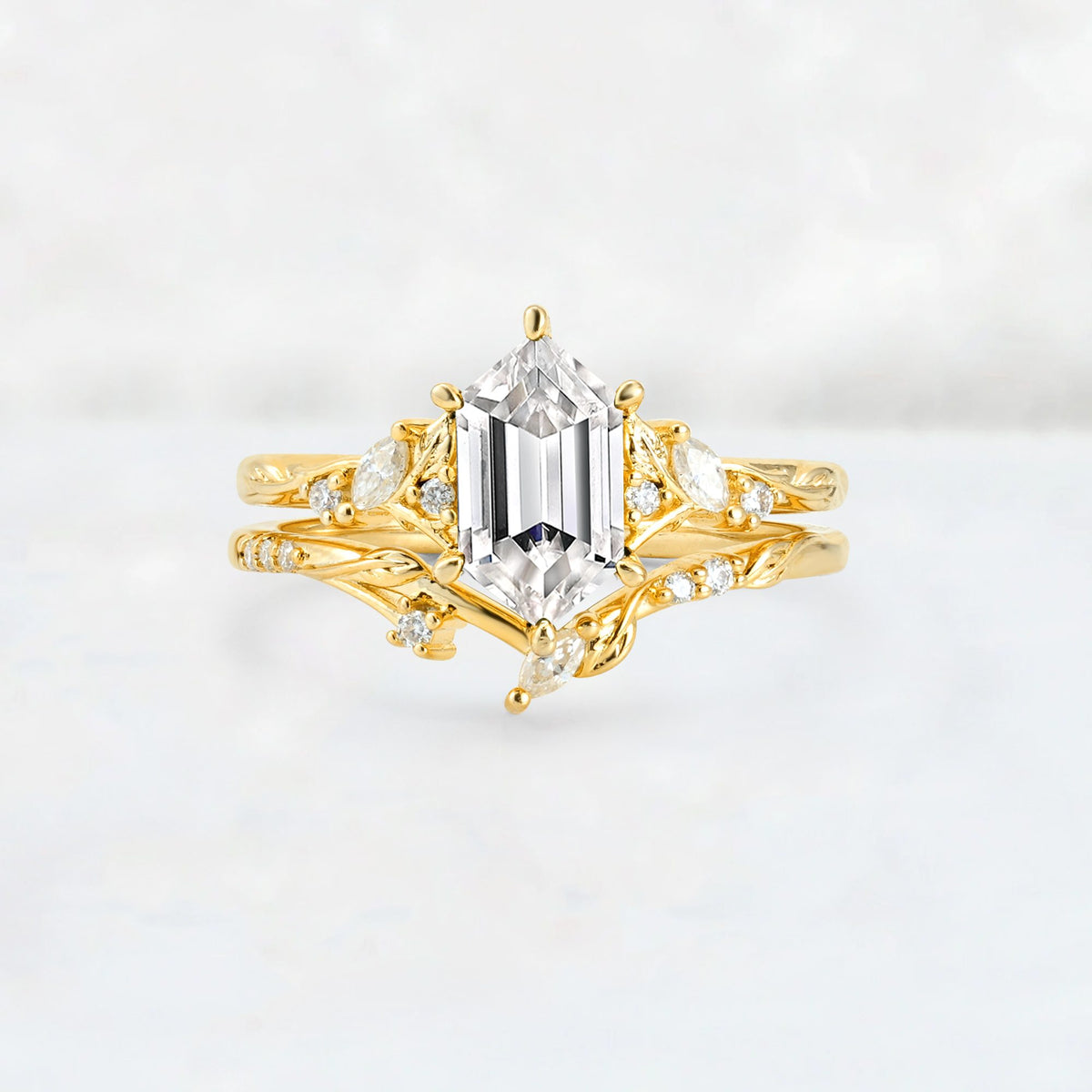 Elongated Hexagon Lab Diamond Leaf Vine Bridal Ring Set - Yellow-Gold