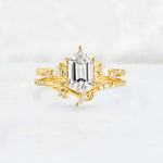 Elongated Hexagon Lab Diamond Leaf Vine Bridal Ring Set - Yellow-Gold