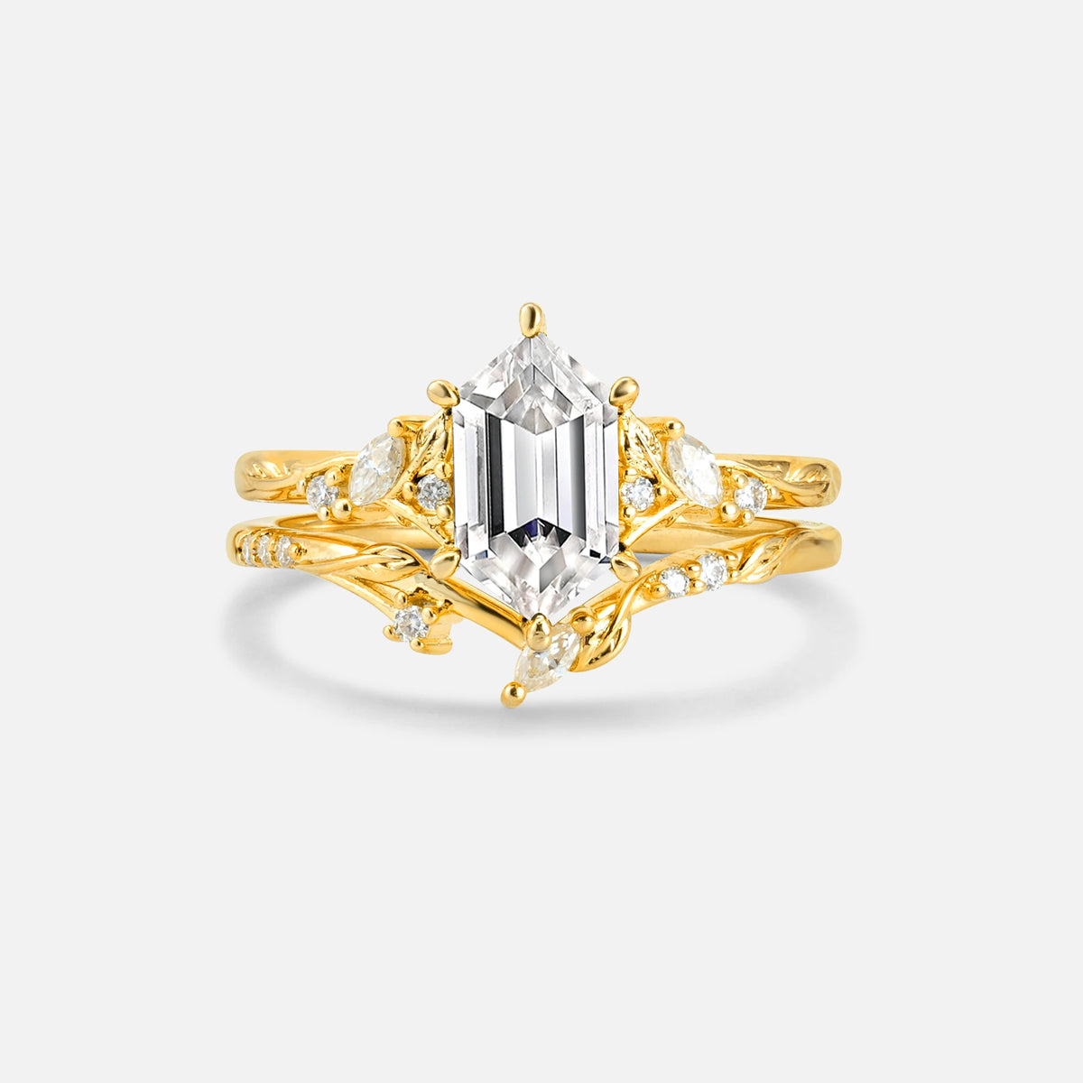 Elongated Hexagon Lab Diamond Leaf Vine Bridal Ring Set - Yellow-Gold
