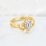 Elongated Hexagon Lab Diamond Leaf Vine Bridal Ring Set - Rose-Gold