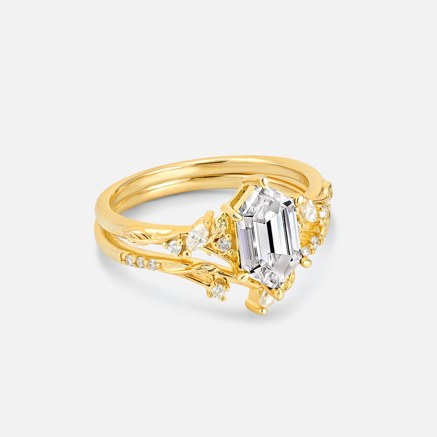 Elongated Hexagon Lab Diamond Leaf Vine Bridal Ring Set - Rose-Gold