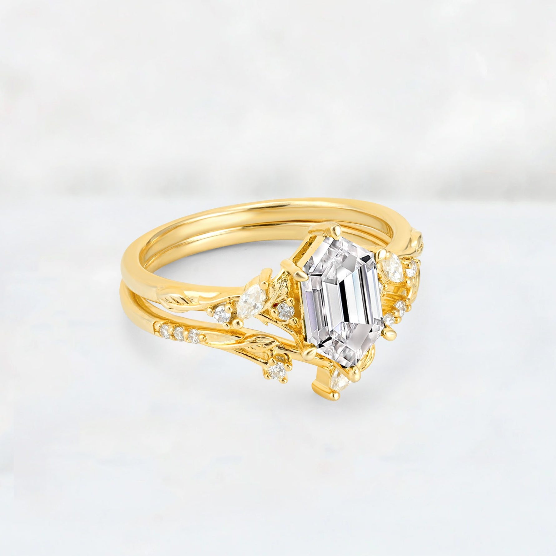Elongated Hexagon Lab Diamond Leaf Vine Bridal Ring Set - Rose-Gold