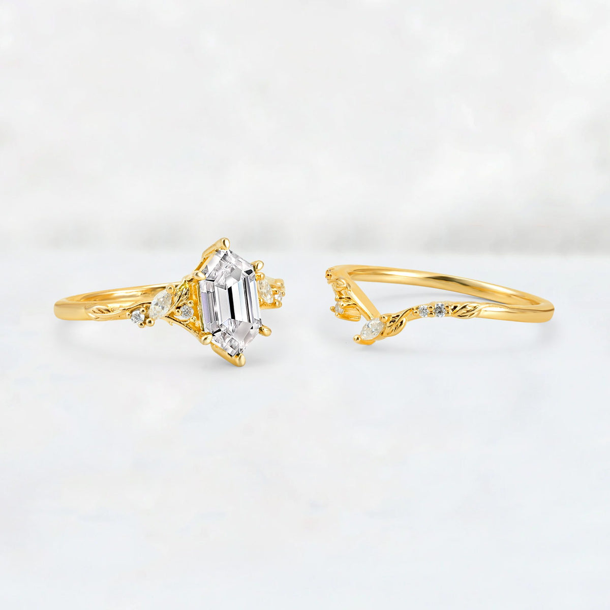 Elongated Hexagon Lab Diamond Leaf Vine Bridal Ring Set - White-Gold