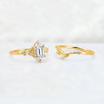 Elongated Hexagon Lab Diamond Leaf Vine Bridal Ring Set - White-Gold