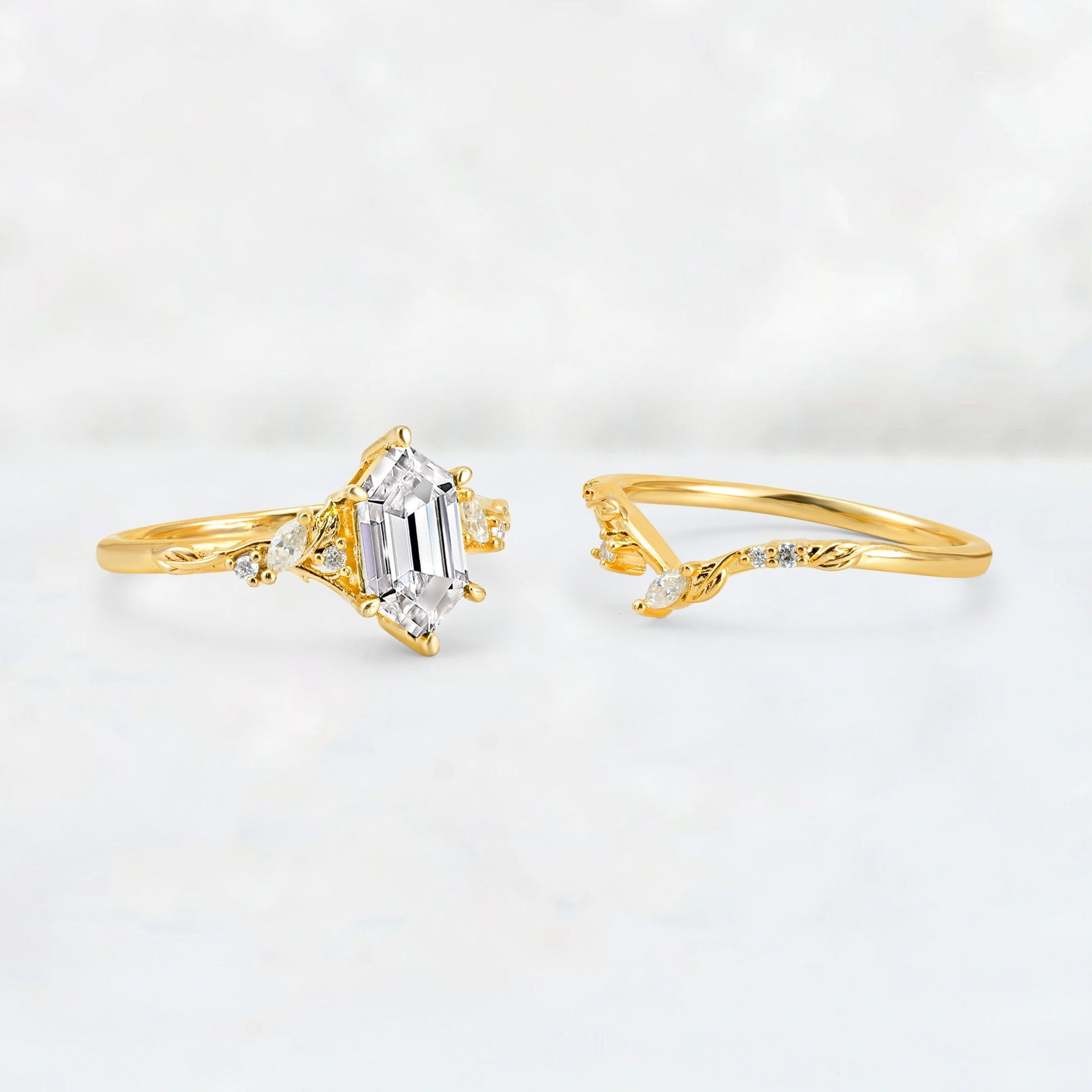 Elongated Hexagon Lab Diamond Leaf Vine Bridal Ring Set - White-Gold