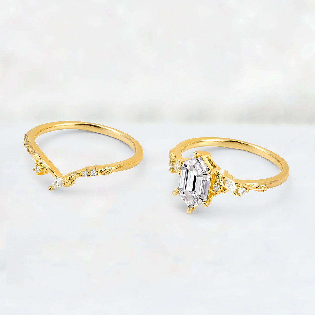 Elongated Hexagon Lab Diamond Leaf Vine Bridal Ring Set - Additional view