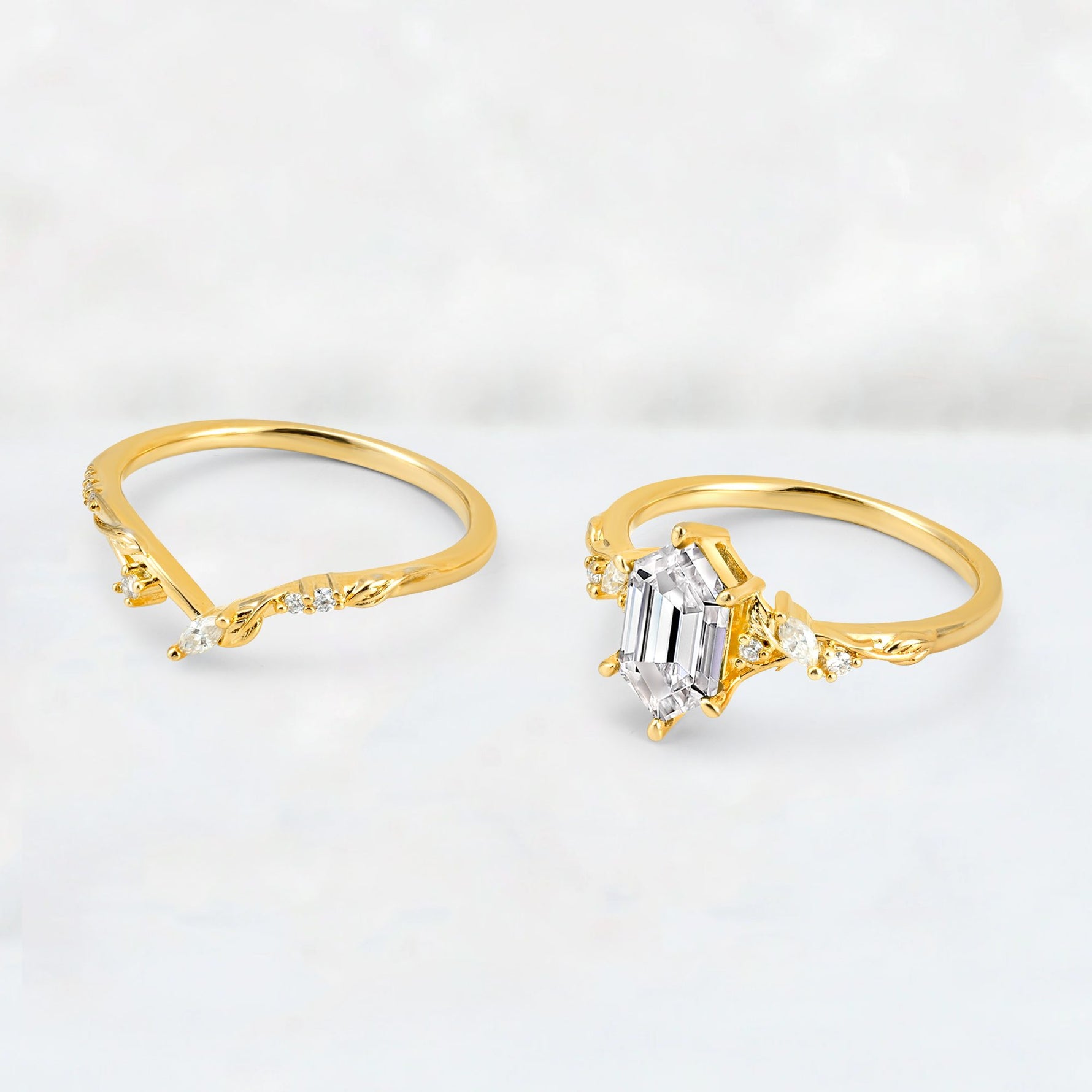 Elongated Hexagon Lab Diamond Leaf Vine Bridal Ring Set - Additional view