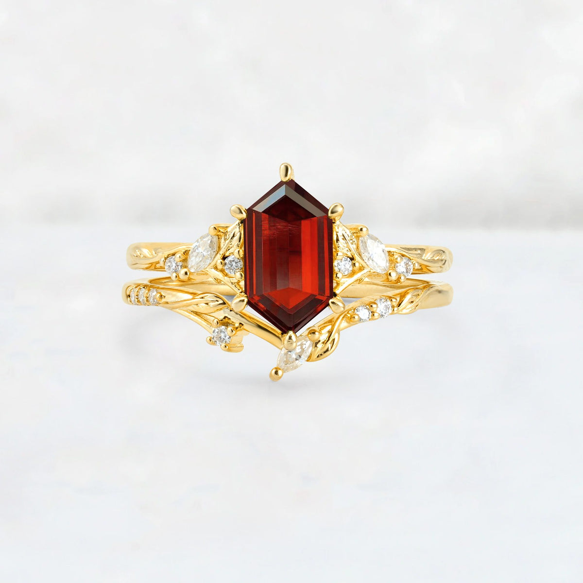 Elongated Hexagon Garnet Leaf Vine Bridal Ring Set - Yellow-Gold