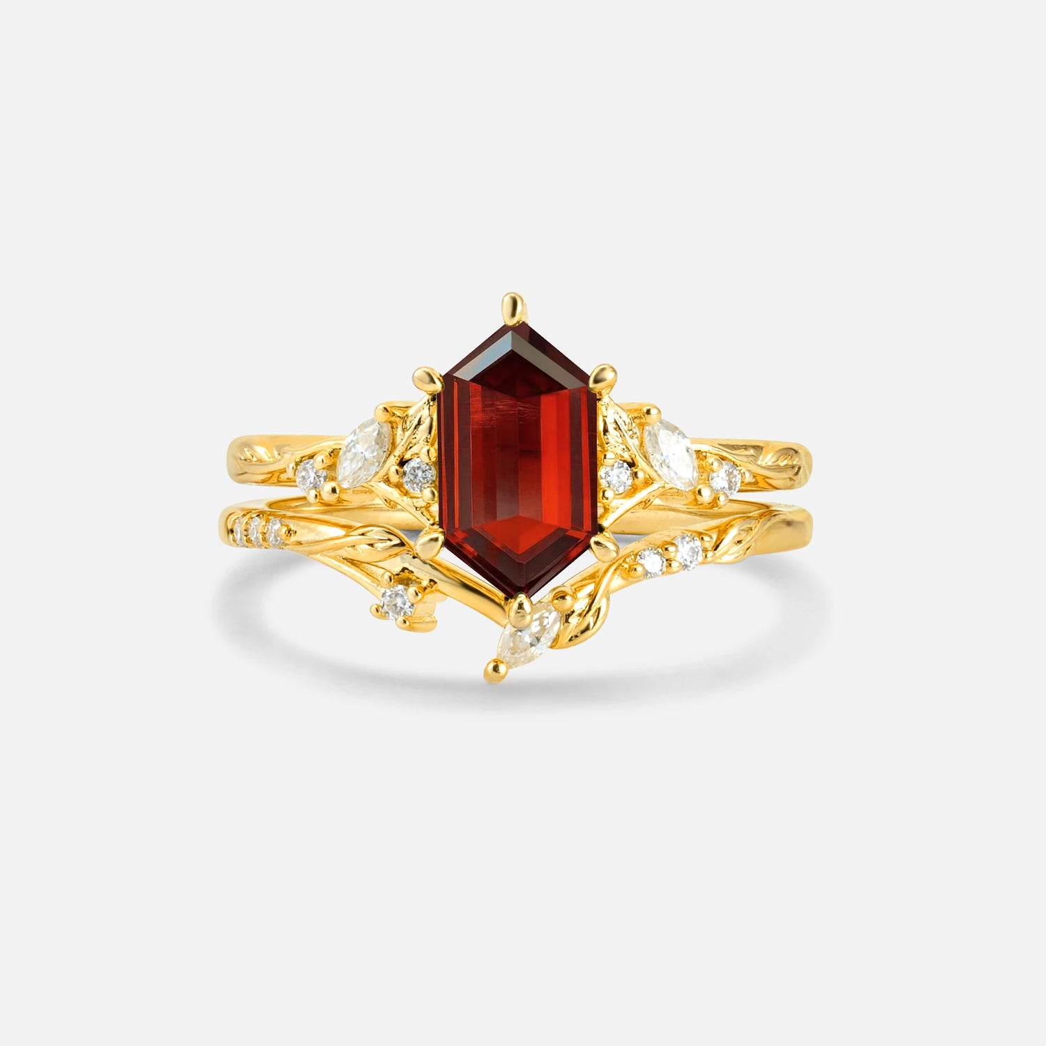 Elongated Hexagon Garnet Leaf Vine Bridal Ring Set - Yellow-Gold