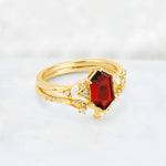 Elongated Hexagon Garnet Leaf Vine Bridal Ring Set - Rose-Gold