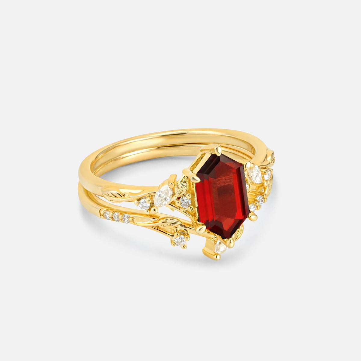 Elongated Hexagon Garnet Leaf Vine Bridal Ring Set - Rose-Gold