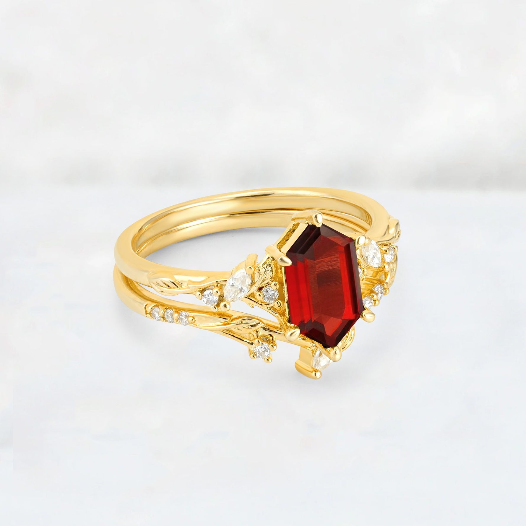 Elongated Hexagon Garnet Leaf Vine Bridal Ring Set - Rose-Gold