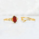 Elongated Hexagon Garnet Leaf Vine Bridal Ring Set - White-Gold