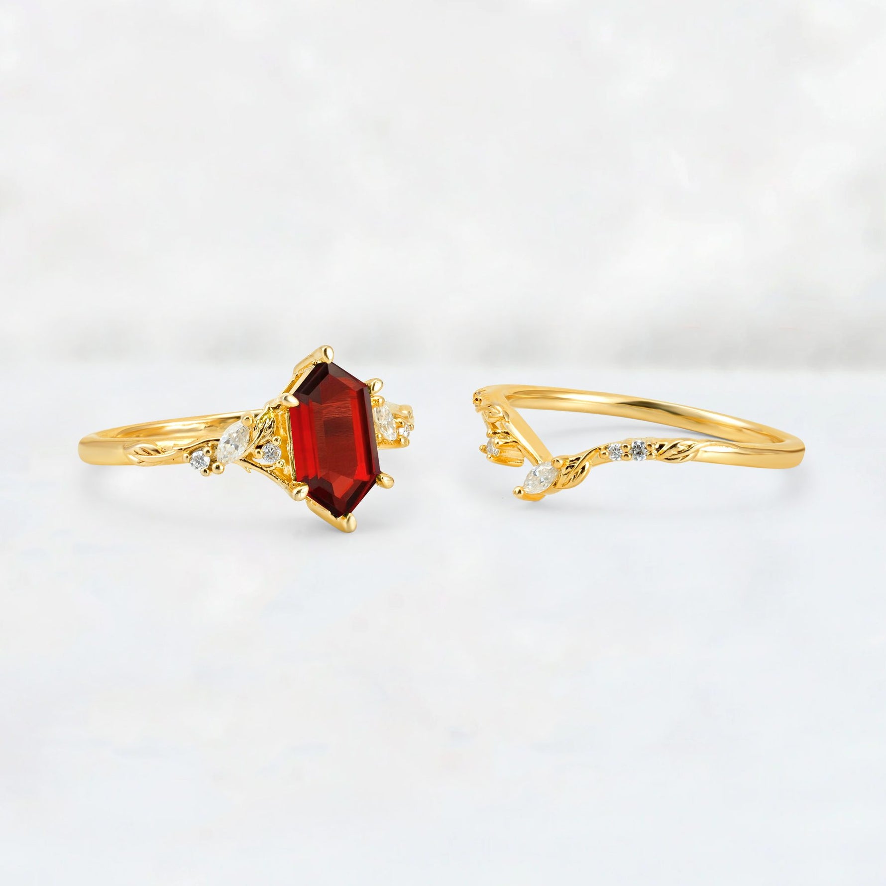 Elongated Hexagon Garnet Leaf Vine Bridal Ring Set - White-Gold