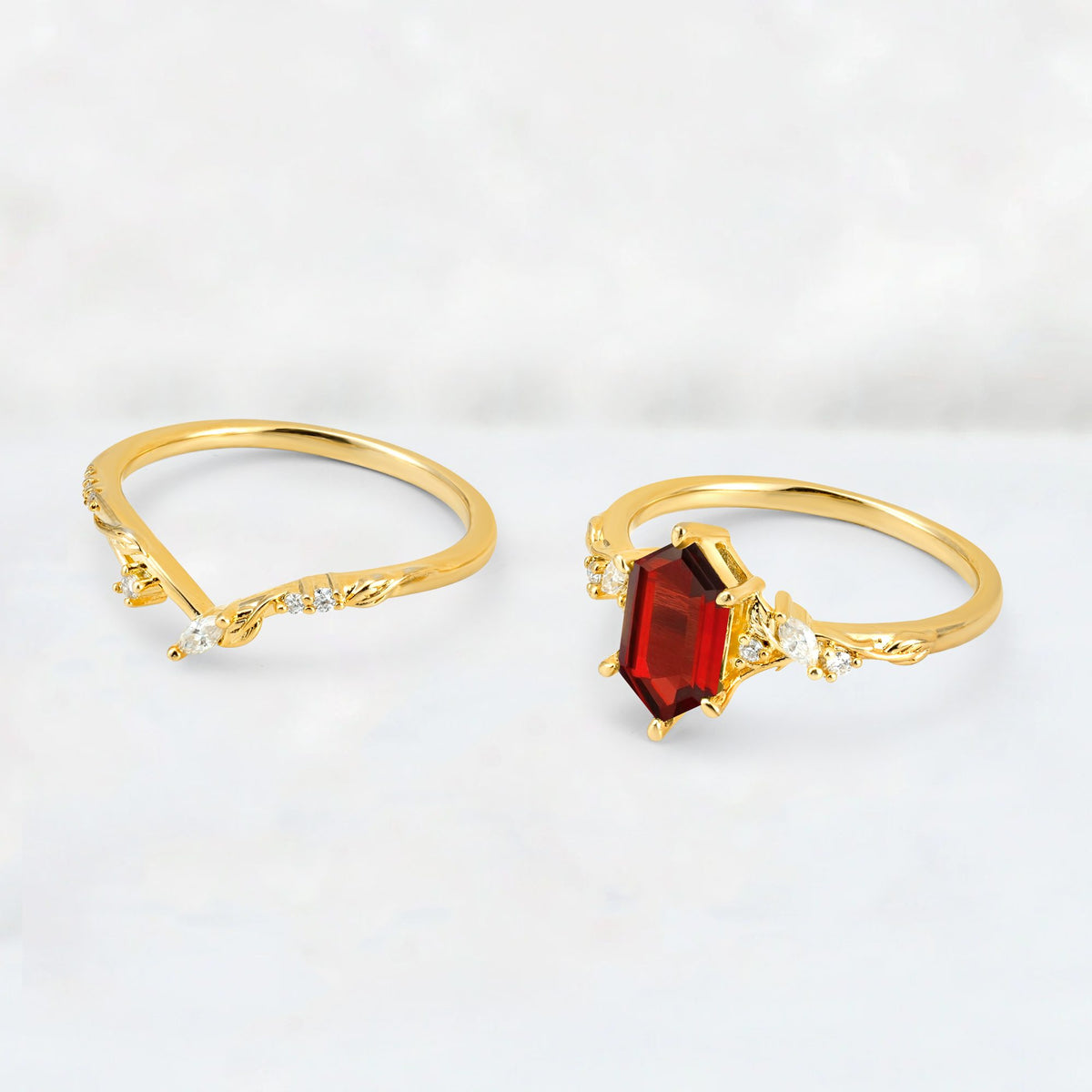 Elongated Hexagon Garnet Leaf Vine Bridal Ring Set - Additional view