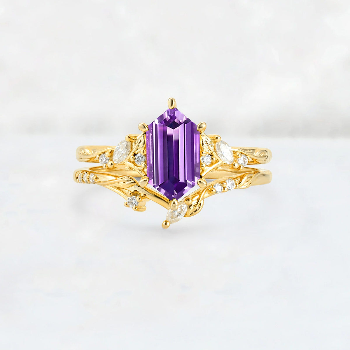Elongated Hexagon Amethyst Leaf Vine Bridal Ring Set - Yellow-Gold