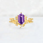 Elongated Hexagon Amethyst Leaf Vine Bridal Ring Set - Yellow-Gold