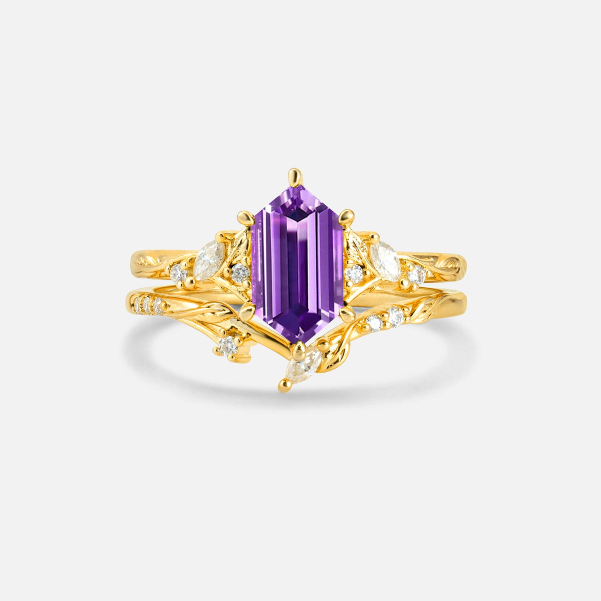 Elongated Hexagon Amethyst Leaf Vine Bridal Ring Set - Yellow-Gold