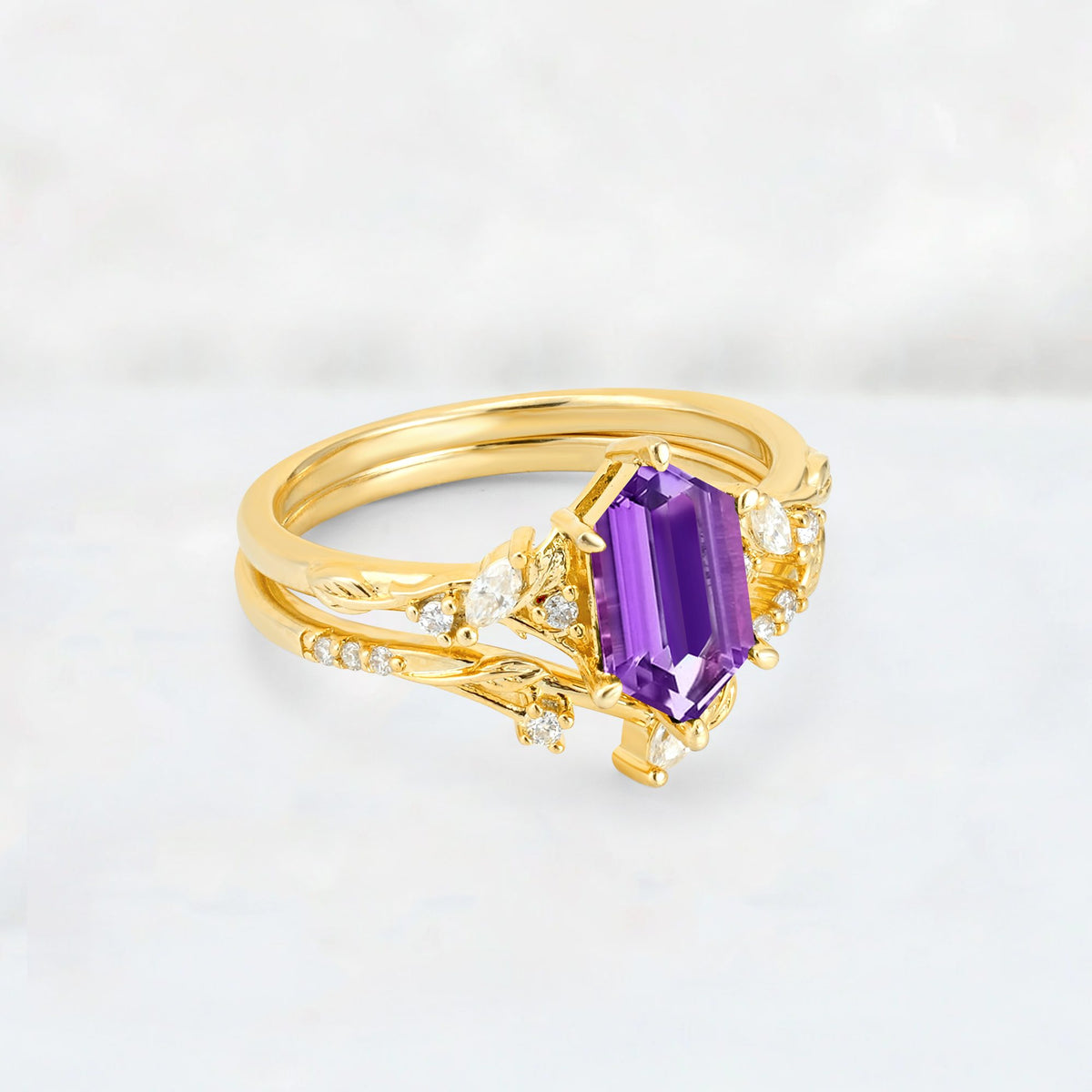 Elongated Hexagon Amethyst Leaf Vine Bridal Ring Set - Rose-Gold
