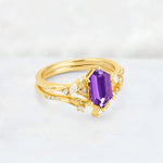 Elongated Hexagon Amethyst Leaf Vine Bridal Ring Set - Rose-Gold