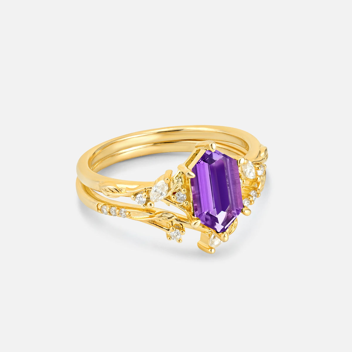 Elongated Hexagon Amethyst Leaf Vine Bridal Ring Set - Rose-Gold
