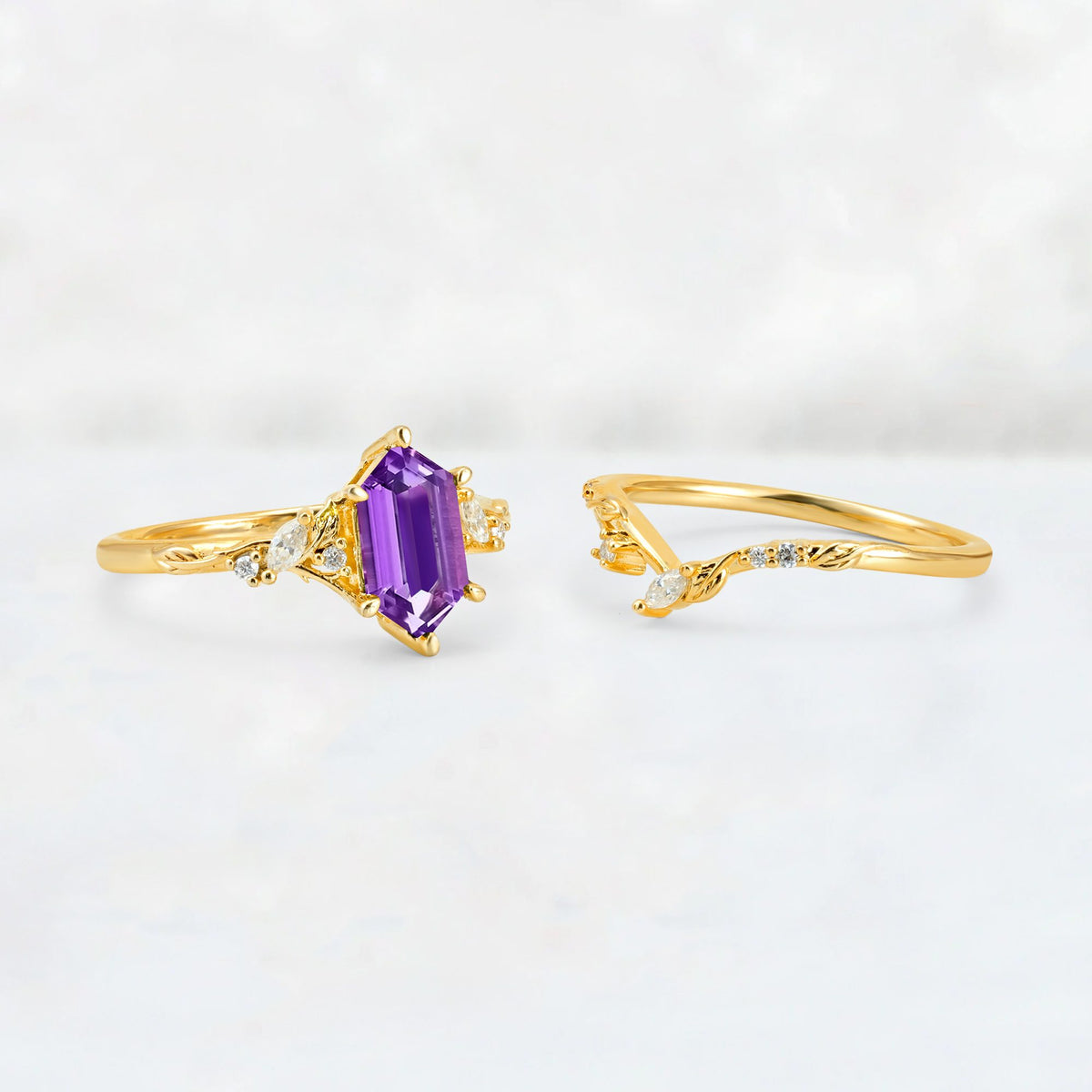 Elongated Hexagon Amethyst Leaf Vine Bridal Ring Set - White-Gold