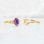 Elongated Hexagon Amethyst Leaf Vine Bridal Ring Set - White-Gold