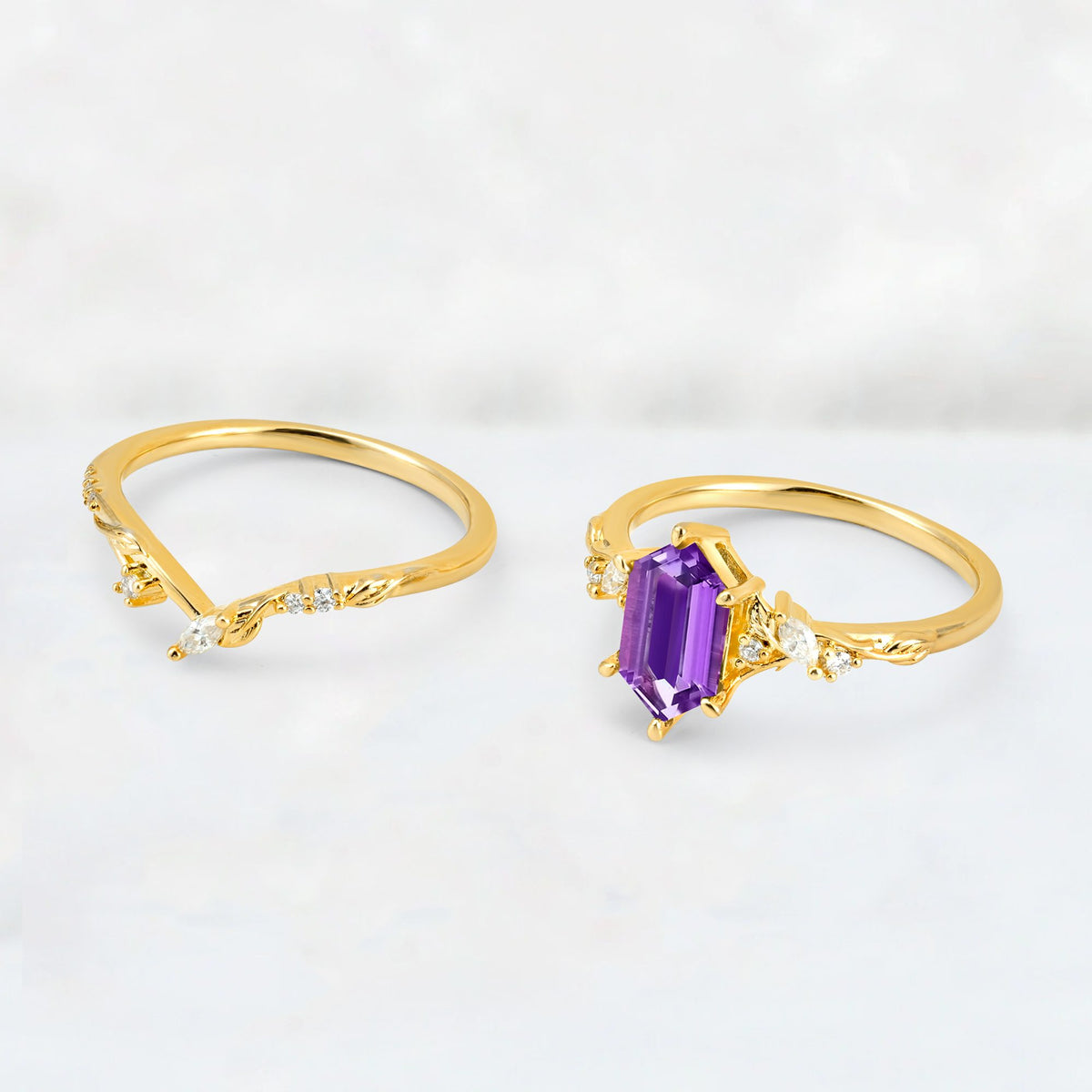 Elongated Hexagon Amethyst Leaf Vine Bridal Ring Set - Additional view