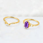 Elongated Hexagon Amethyst Leaf Vine Bridal Ring Set - Additional view