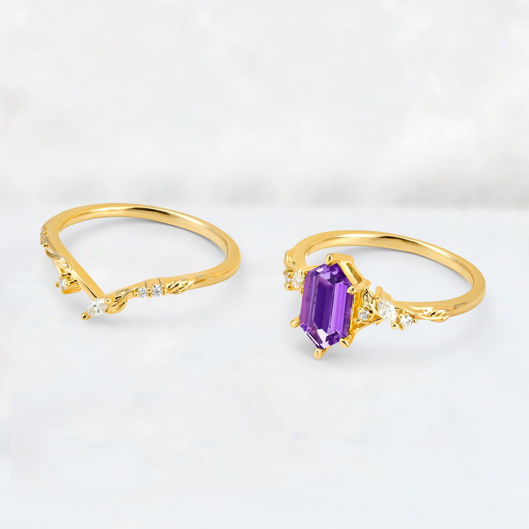 Elongated Hexagon Amethyst Leaf Vine Bridal Ring Set - Additional view