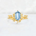Elongated Hexagon Aquamarine Leaf Vine Bridal Ring Set - Yellow-Gold