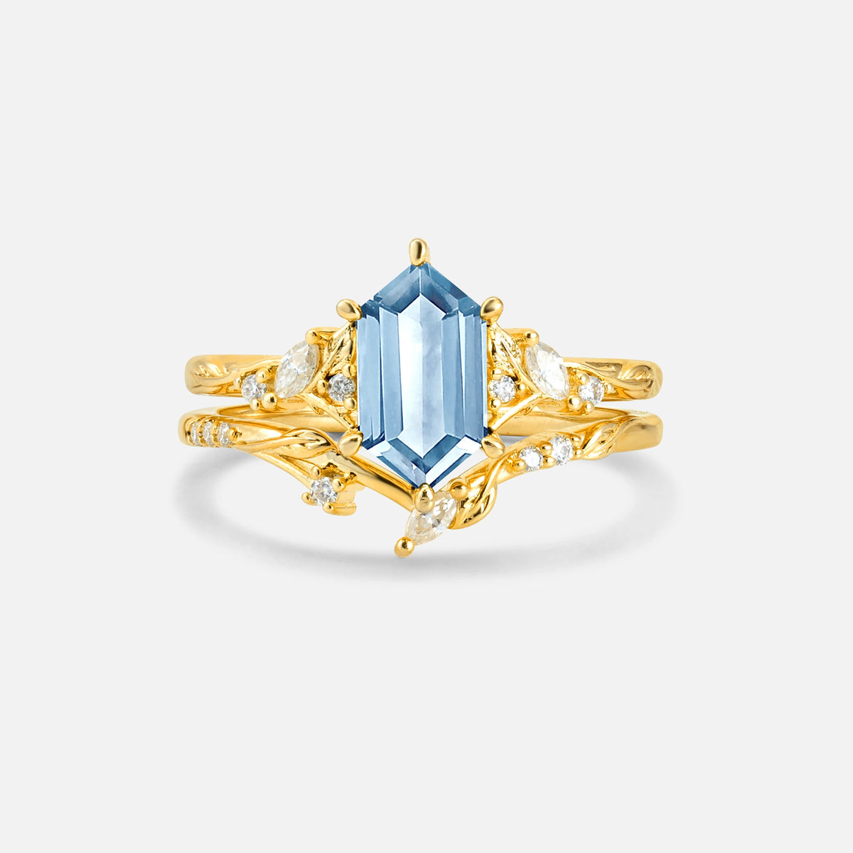 Elongated Hexagon Aquamarine Leaf Vine Bridal Ring Set - Yellow-Gold