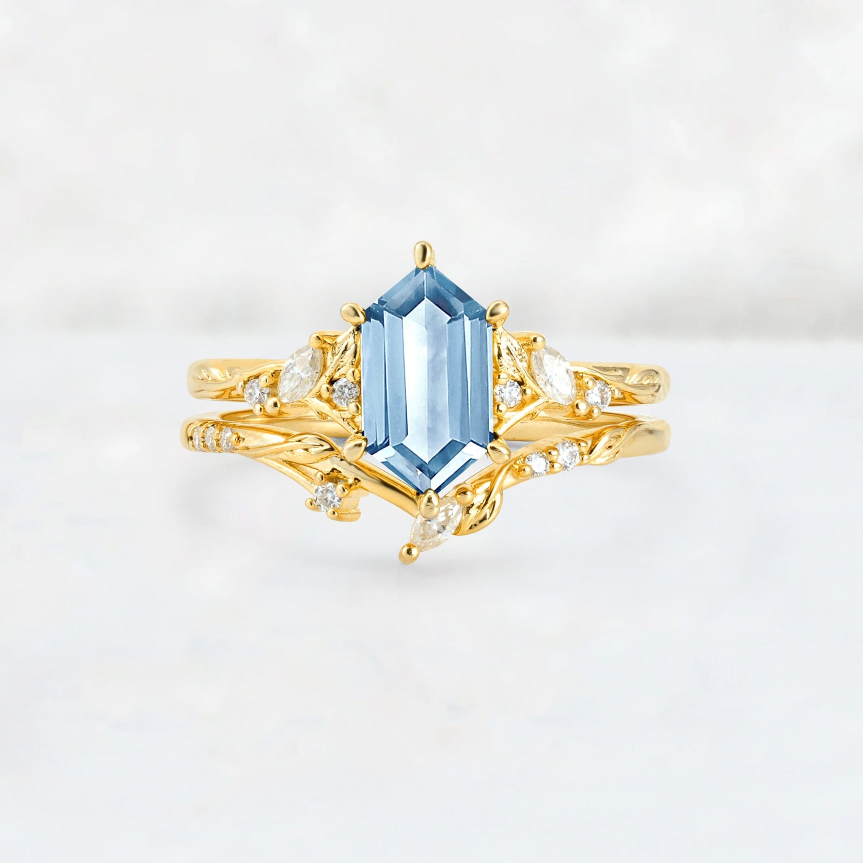 Elongated Hexagon Aquamarine Leaf Vine Bridal Ring Set - Yellow-Gold
