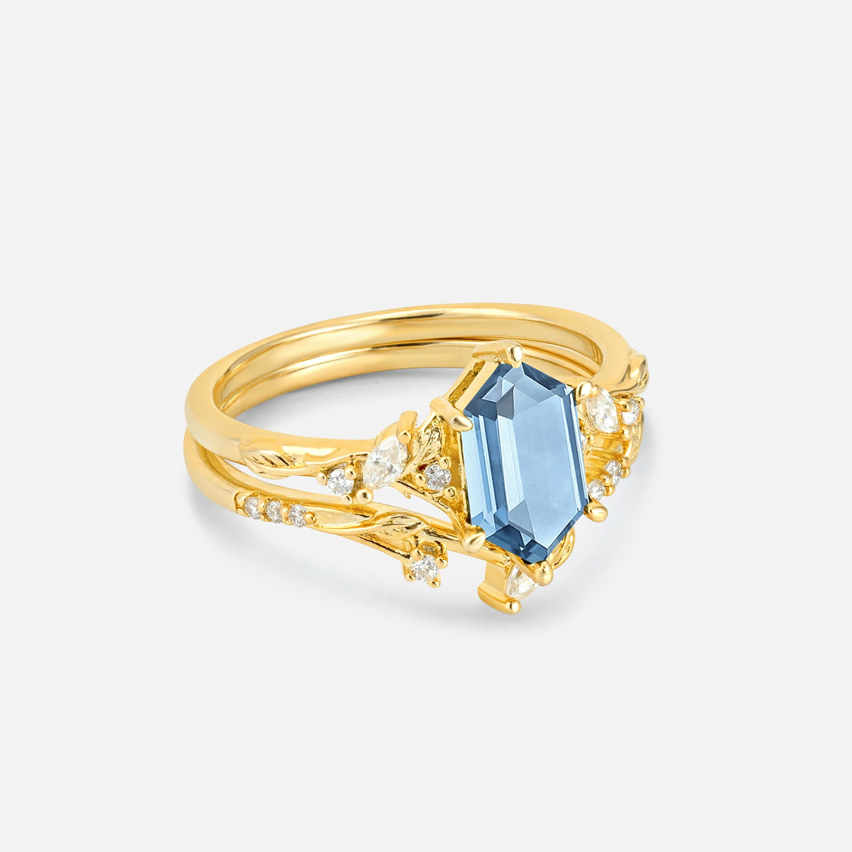 Elongated Hexagon Aquamarine Leaf Vine Bridal Ring Set - Rose-Gold